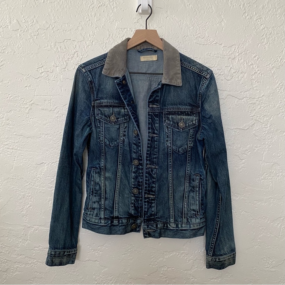 All Saints InDeep Denim Trucker Jacket Corduroy Collar